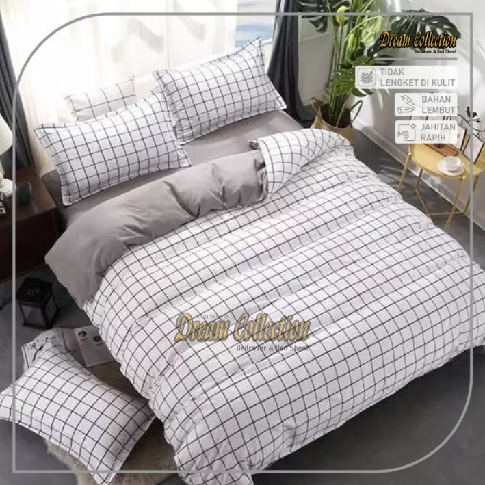 Bedcover Set + Sprei Aesthetic Kotak Kotak Putih Mix Abu Polos