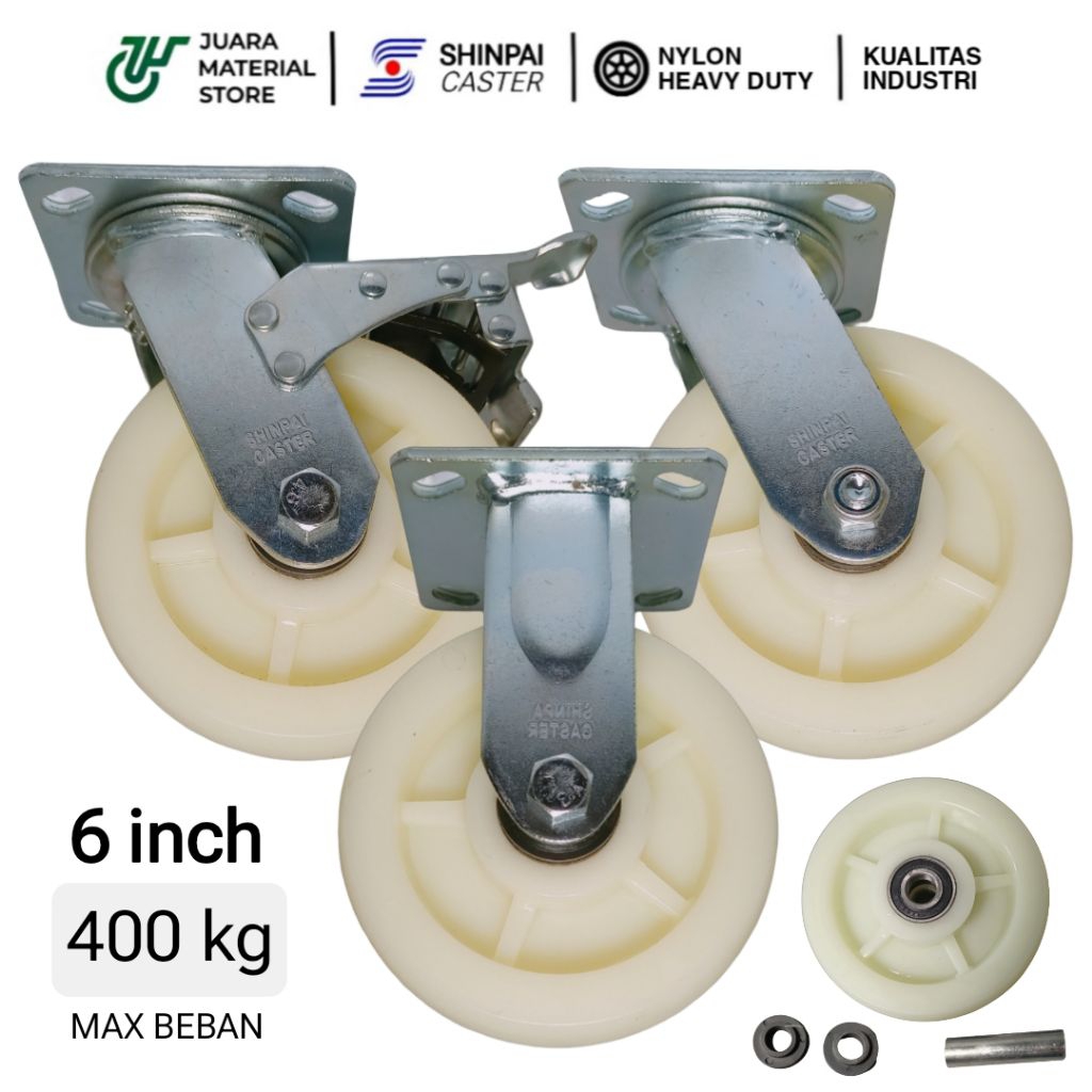 Roda Troli 6 inch 150mm Nylon High Strength Double Ball Bearing Plate 400kg Trolley Heavy Duty Caste