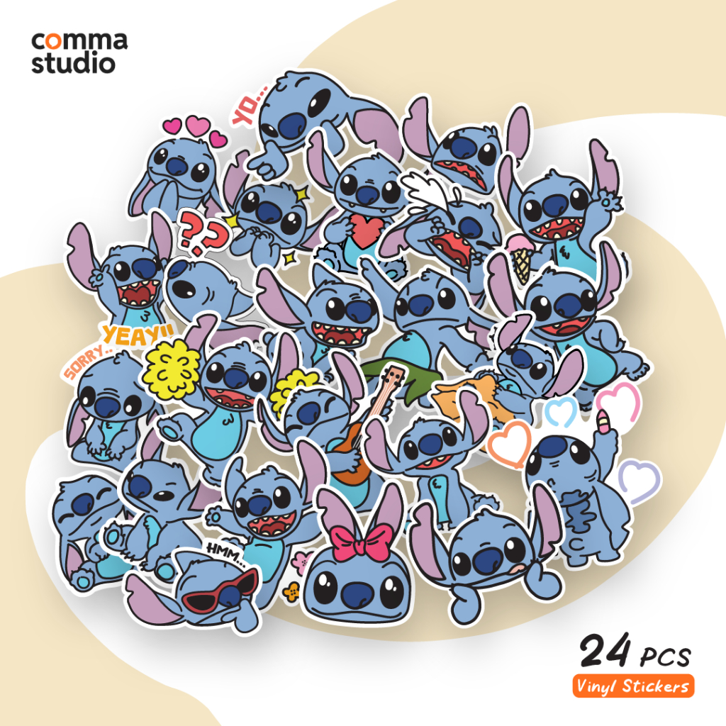 

24 Pcs Sticker Lucu Stitch | Stiker Karakter Kartun Vinyl Waterproof Anti Sobek | Die Cut 2-4cm