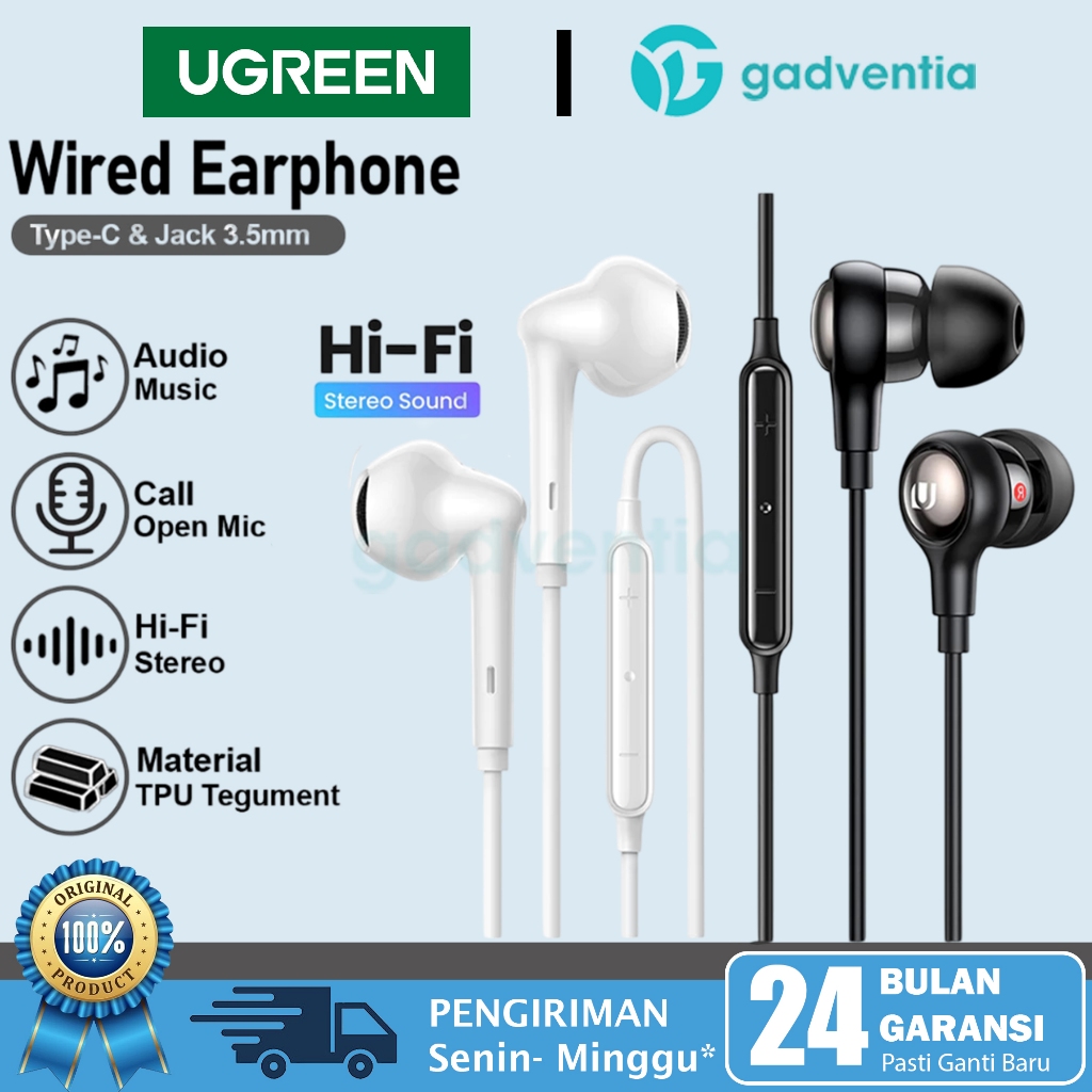 Kabel Earphone Handsfree Headset UGREEN iPhone Lightning Jack 3.5mm Type C ON Mic Original iPhone An