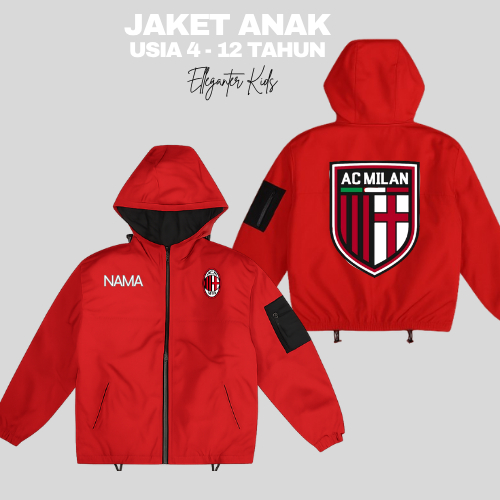 Jaket Anak AC MILAN Custom Parasut Tebal/Sweater Hoodie Bolak Balik Unisex/Baju Anak /Cewek Cowok /T