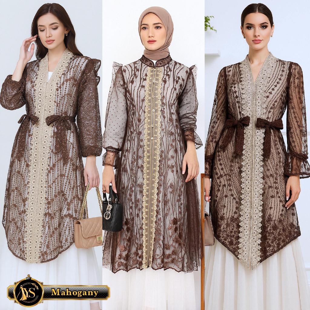 Yesaya Outer Brukat Atasan Tunik Muslim Wanita Khusus Mahogany Seragaman