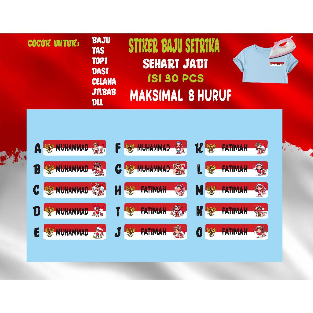 

STIKER LEBEL NAMA/STIKER SETRIKA BAJU UNTUK ANAK ANAK DAN DEWASA CUSTOM NAMA BAHAN DTF ISI 30PCS
