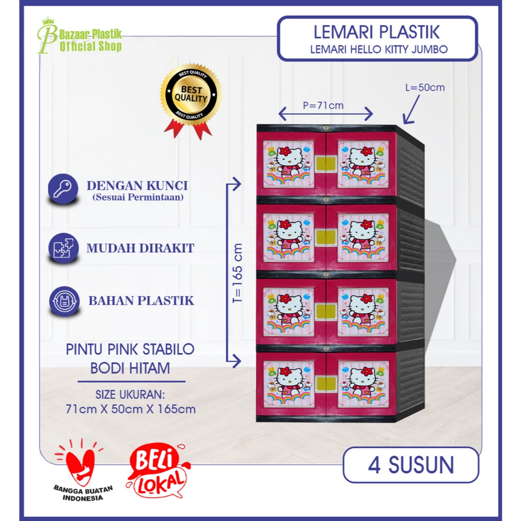 Lemari Jumbo Lemari Pakaian Lemari Plastik 4 Susun Kunci HELLO KITTY 4 SUSUN ( KITTY4SSNK )