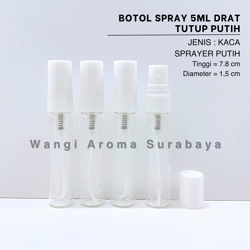 Botol Parfum Tester Kaca 5ML Spray Drat Tutup Putih - Botol Pafum Kaca 5ML Perlusin