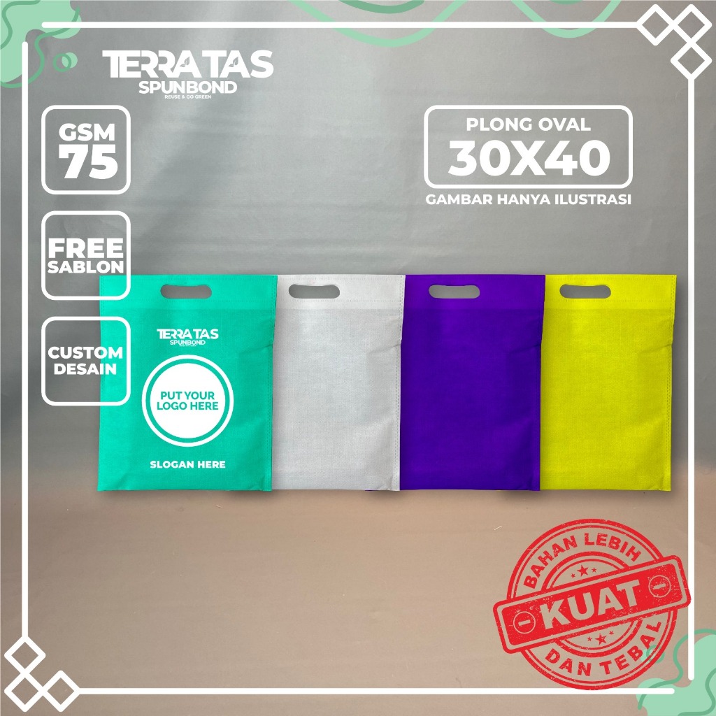 

Custom Sablon Plong Oval Handle 75 GSM 30x40 Kantong Belanja Tote Bag Kain Spunbond Souvernir Hampers