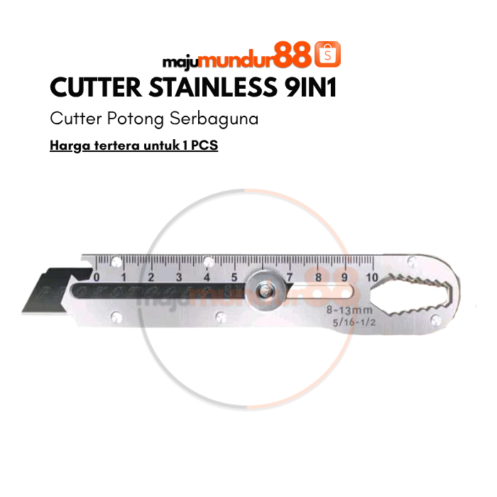 

Cutter Stainless 9 in 1 Serbaguna 15MM Pembuka Tutup Botol baut skrup Penggaris 10 CM Ukur Wrench EDC Kater Tajam