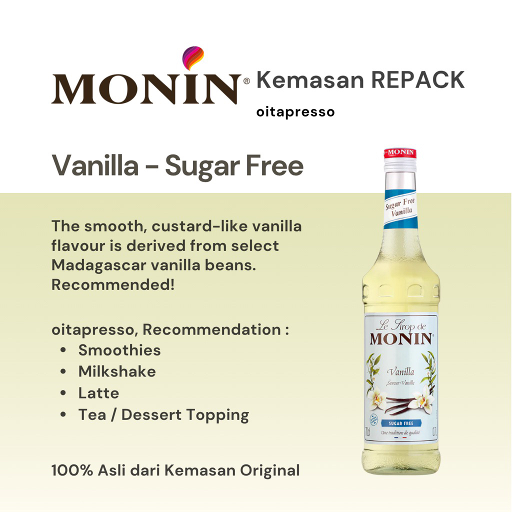 

REPACK - Monin Vanilla Syrup - Sugar Free [30, 50, 100] g