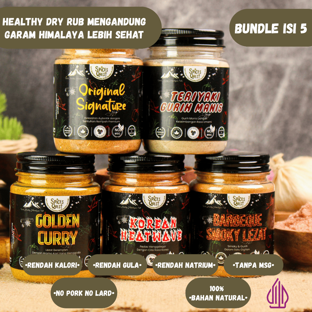 

Spices Quest Dry Rub Sehat BUNDLE ISI 5 | Bumbu Marinasi Diet Tanpa MSG Rendah Kalori Garam Himalaya