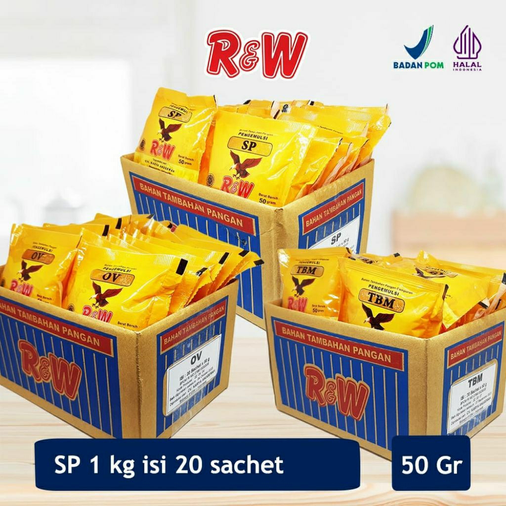 

Emulsifier SP Ovalet TBM Pelembut Pengembang Kue Roti Rajawali R&W RW 1 Kg Dus Dos 50 gr isi 20 sachet promo-av