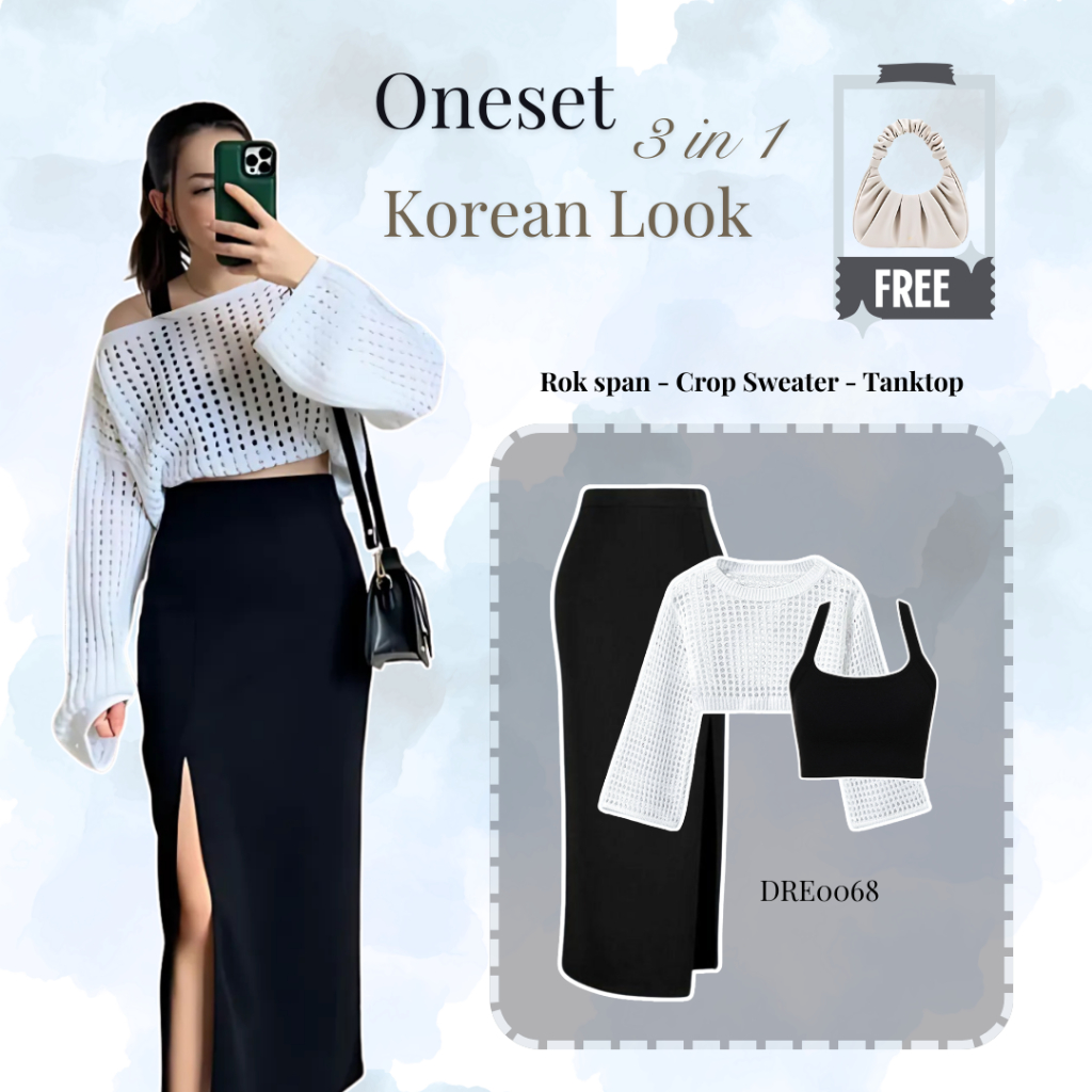 One Set Korean Style 3in1 Crop Sweater Rajut + Tanktop + Rok Span | Outfit Cewek Stylish Kekinian