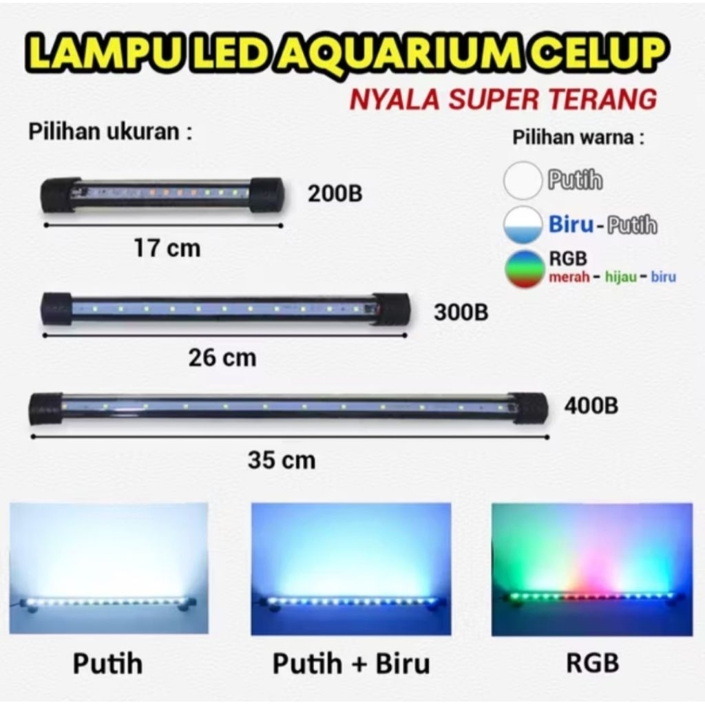 Lampu Aquarium Akuarium LED Celup 20cm 30cm 40cm Warna Warni RGB