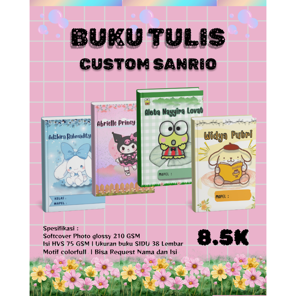 

BUKU TULIS CUSTOM COVER DAN ISI, BISA TAMBAH NAMA ANAK, KELAS, MAPEL DAN NAMA SEKOLAH | BUKU TULIS TEMA SANRIO