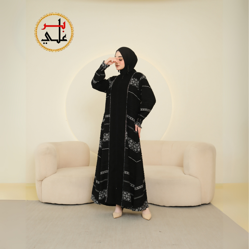 BIIR ALI Collection Abaya Hitam Kombinasi Khas Turkiy Motif Timbul Busui Frendly Mewah Dan Ellegant