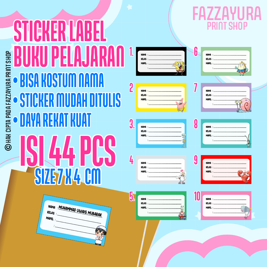 

STICKER LABEL BUKU TEMA SPONGEBOB SQUAREPANTS | Isi 44 PCS Size7x4 cm