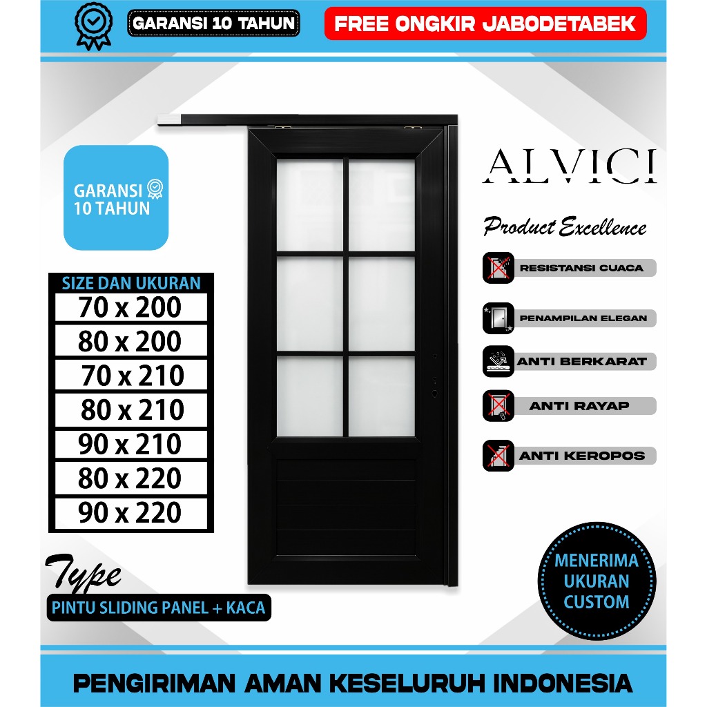 Pintu Geser Sliding UPVC Panel List Kaca Ukuran 70 x 200 Sampai 90 x 220 Bahan Pintu Tebal ALVICI