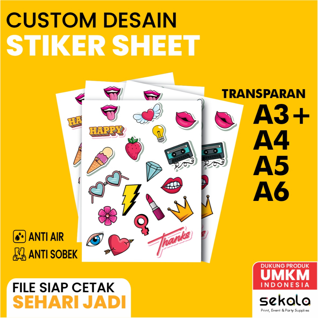 

Stiker Sheet Transparan Custom A3 / A4 / A5 / A6 Kiss Cut / Die Cut / Laminasi Glossy / Laminasi Doff