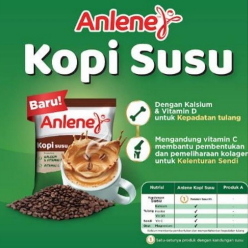 

SUSU ANLENE RENCENG RASA KOPI SUSU 1RENCENG ISI 10PCS. SUSU ANLENE BARU. SUSU TINGGI KALSIUM PROTEIN KOLAGEN DAN VITAMINC. SUSU TULANG TERBAIK