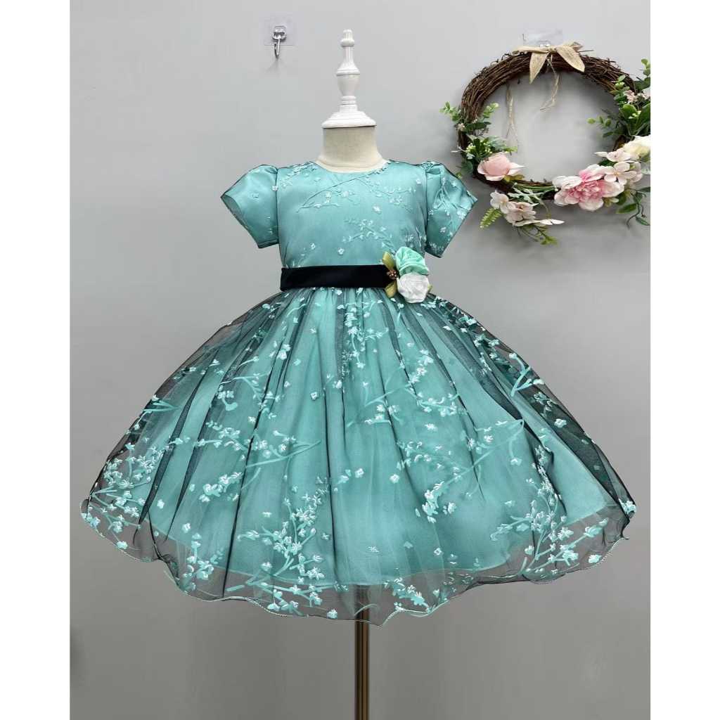 Dress Import Princess Anak Perempuan Pesta Bordir Bunga Lengan Balon
