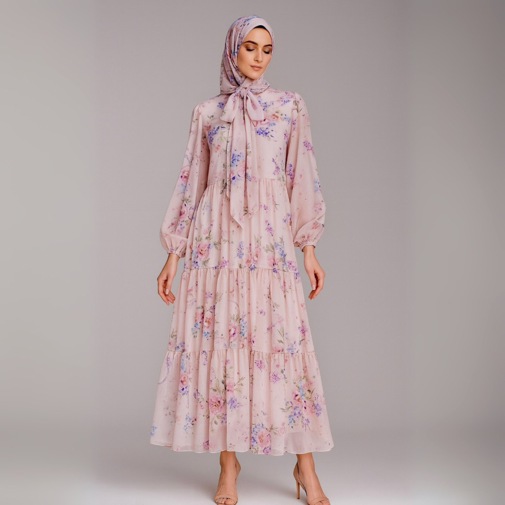 Pastelo SORAYA SET JILBAB gamis motif bunga custome printing warna pastelo by juragan gamis