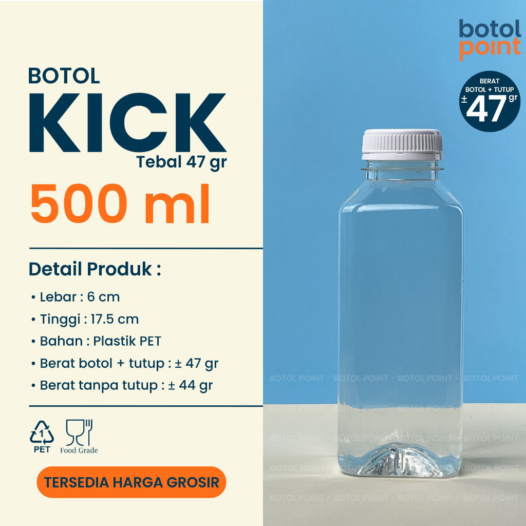 Botol Kick 500 ml TEBAL - Botol Plastik Kotak 500ml GROSIR - Kemasan Minuman Kopi, Jus, Madu, Susu