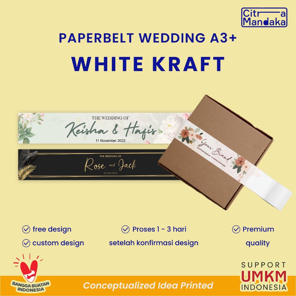 

Paper Belt Wedding Custom Premium White Kraft A3 | Gift Souvenir Pernikahan Hampers Label Segel Box Free Design