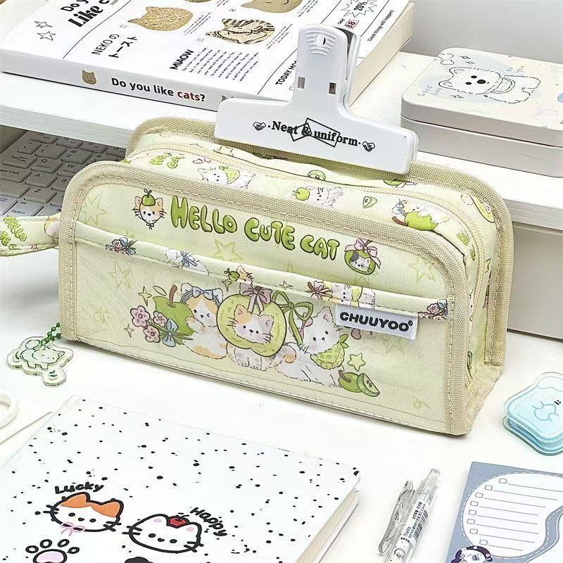 

Green Apple Cat Pen Bag Multi layer PVC Large Capacity Student Stationery Box Makeup Bag