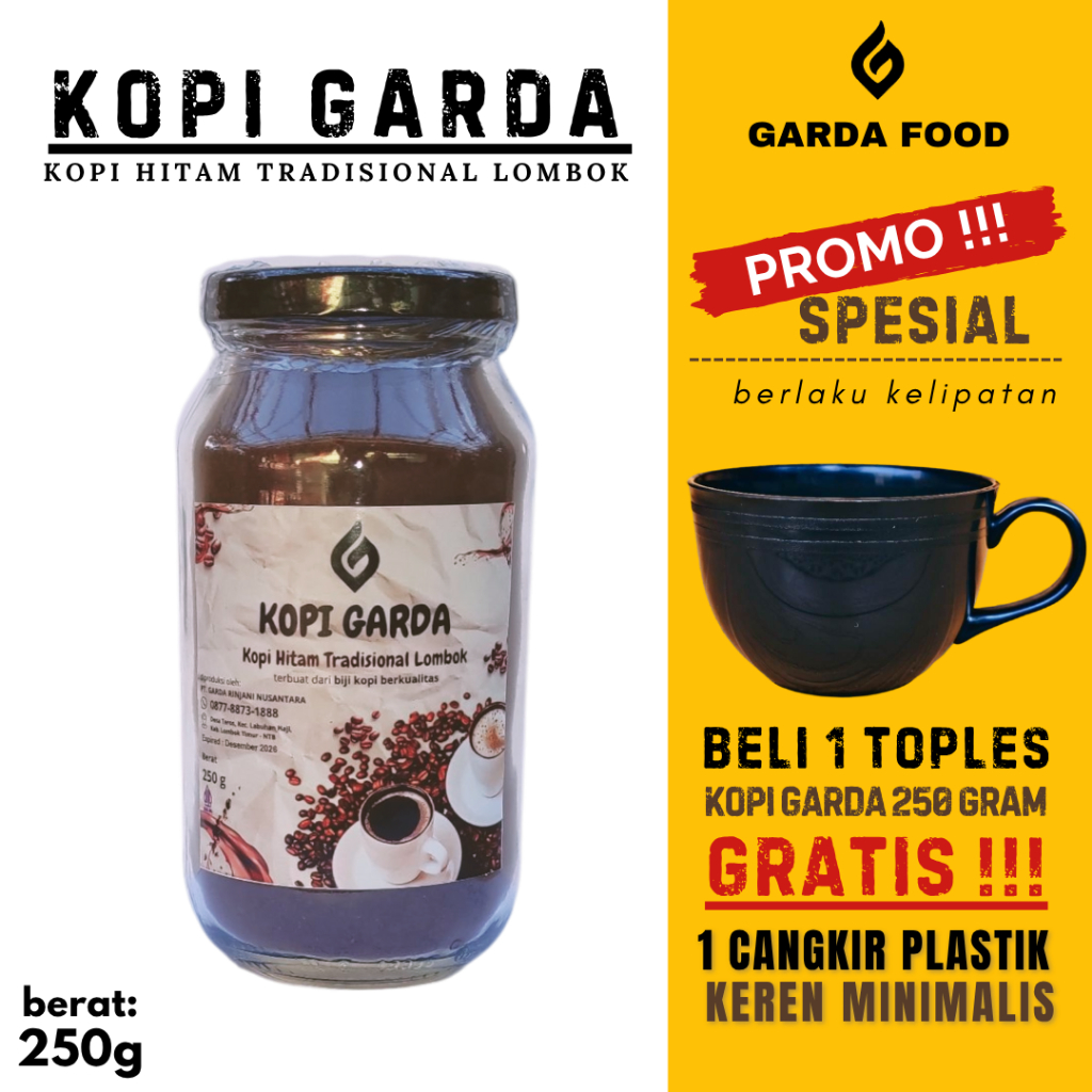 

Kopi Bubuk Murni 100% Robusta Hitam Tubruk KOPI GARDA PREMIUM Tradisional Lombok + FREE Mug Cangkir
