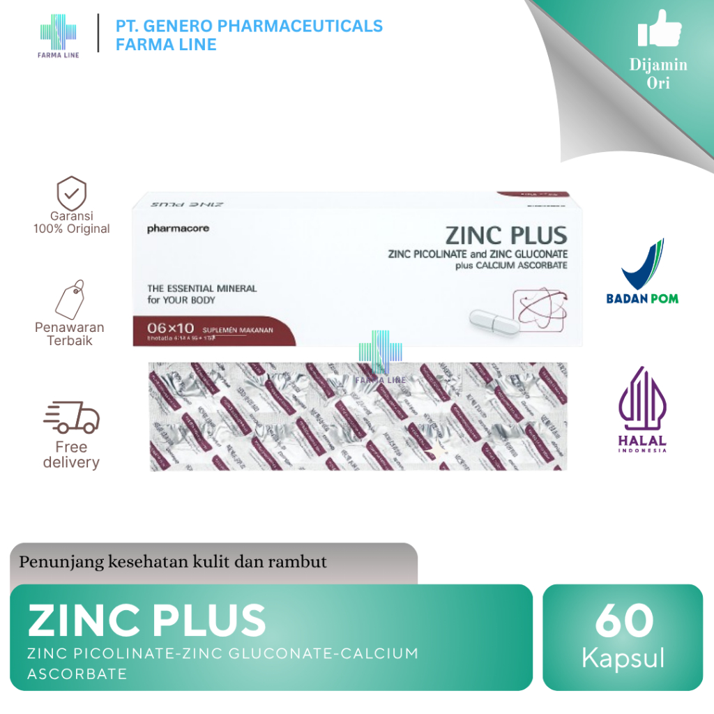 ZINC PLUS PHARMACORE 60TABLET | Suplemen dengan ZINC PICOLINATE-ZINC GLUCONATE-CALCIUM ASCORBATE