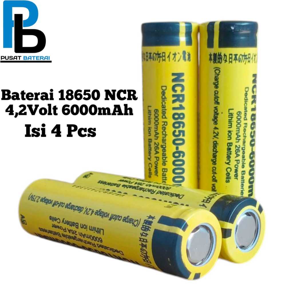 Baterai Charger Atau Baterai Cas Li-ion 18650 Kuning NCR 4.2Volt 6000mAh Isi 4 pcs