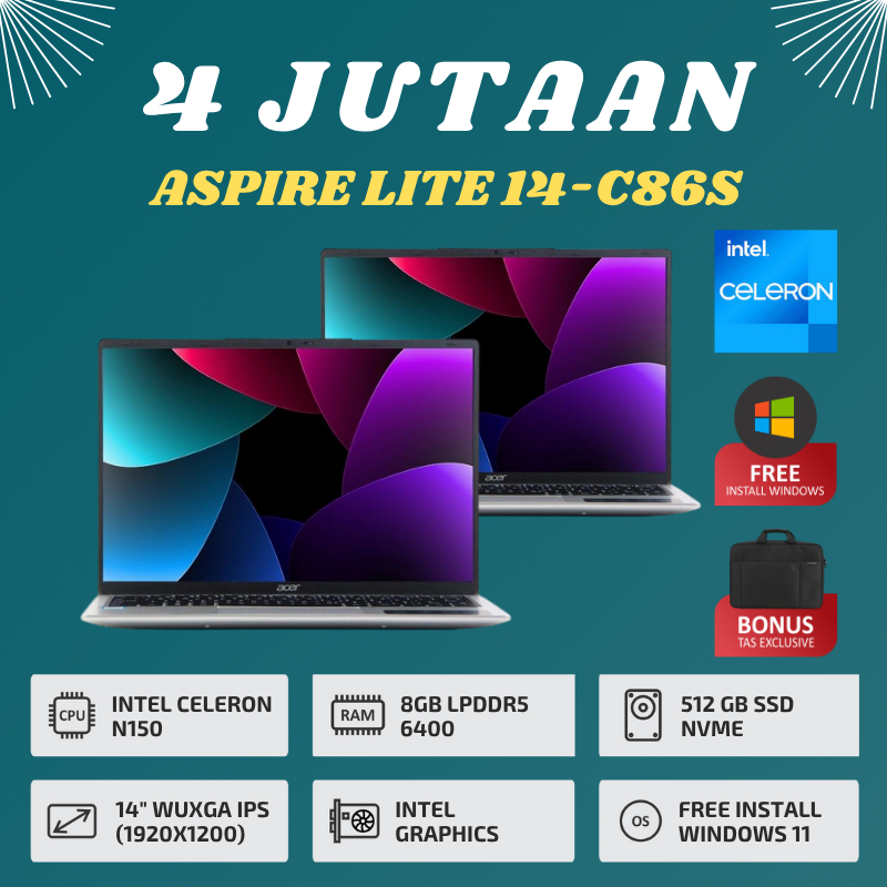 Laptop 4 Jutaan / Intel Celeron N150 / 8GB LPDDR5 / SSD 512GB / Display 14" Wuxga IPS / Light Silver