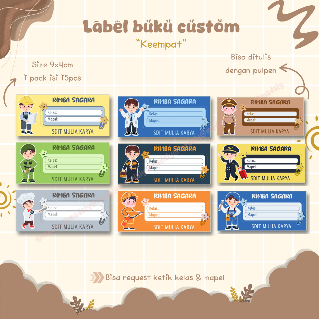 

sticker label buku custom nama bahan glossy doff bisa tulis tangan tema profesi