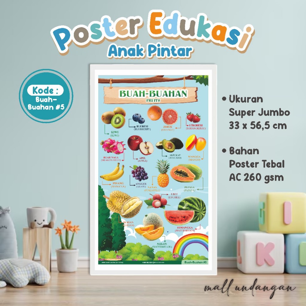 POSTER BELAJAR ANAK PINTAR [TEMA BUAH - BUAHAN] - POSTER EDUKASI DINDING ANAK  READY STOCK