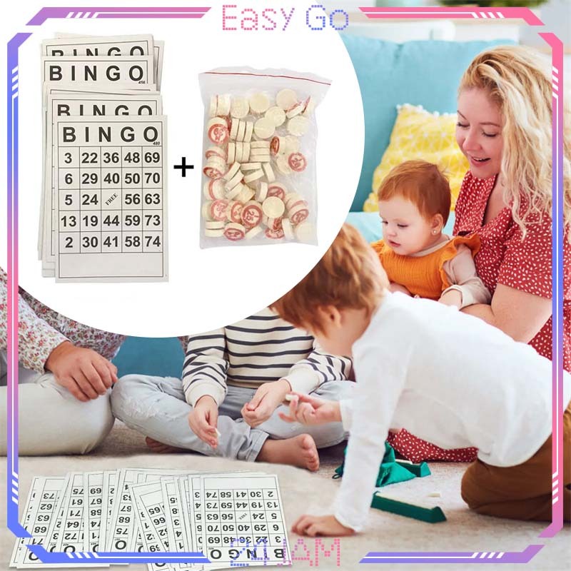 Game Bingo 40 Buah Bingo Card Kartu Bingo Dengan 75pcs Catur Kayu Mainan Bingo Set
