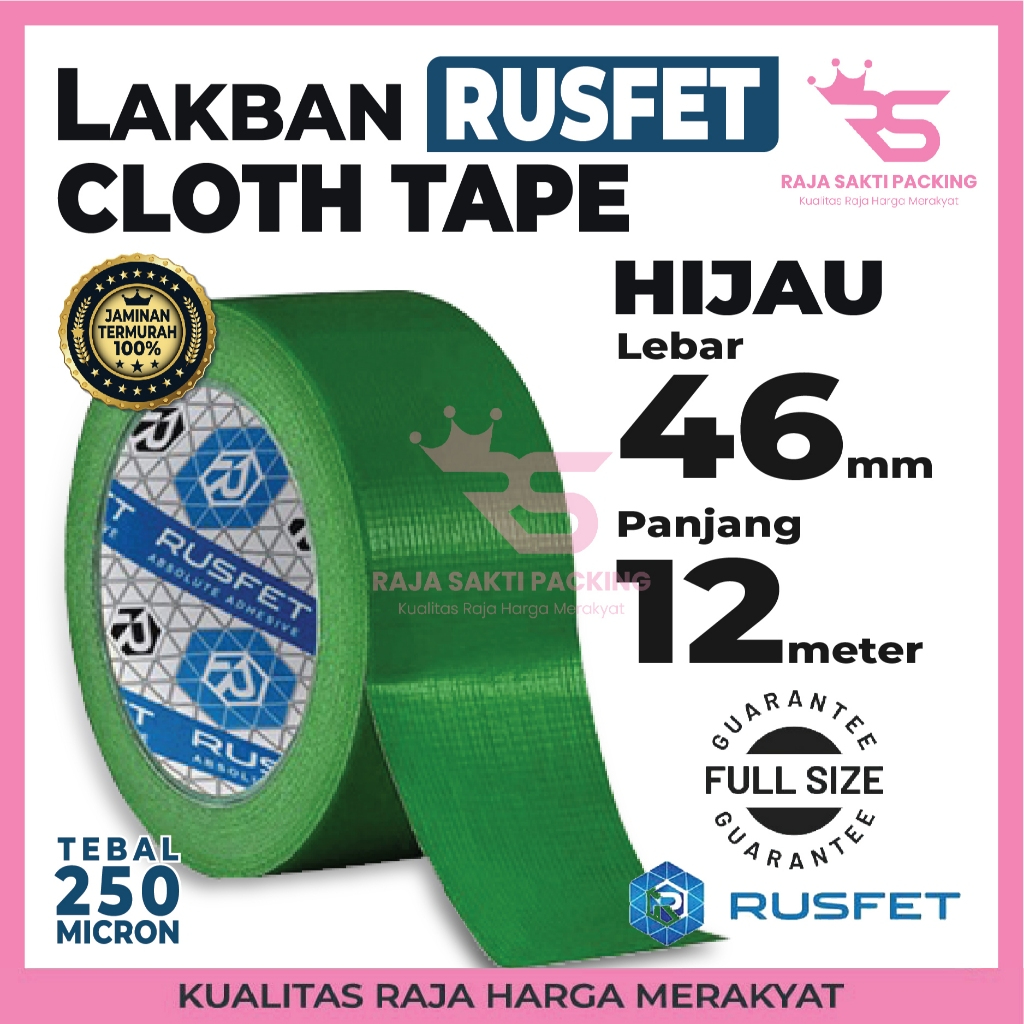Lakban Kain Premium / Cloth Tape RUSFET Warna Hijau / Lakban Tebal Termurah Satuan
