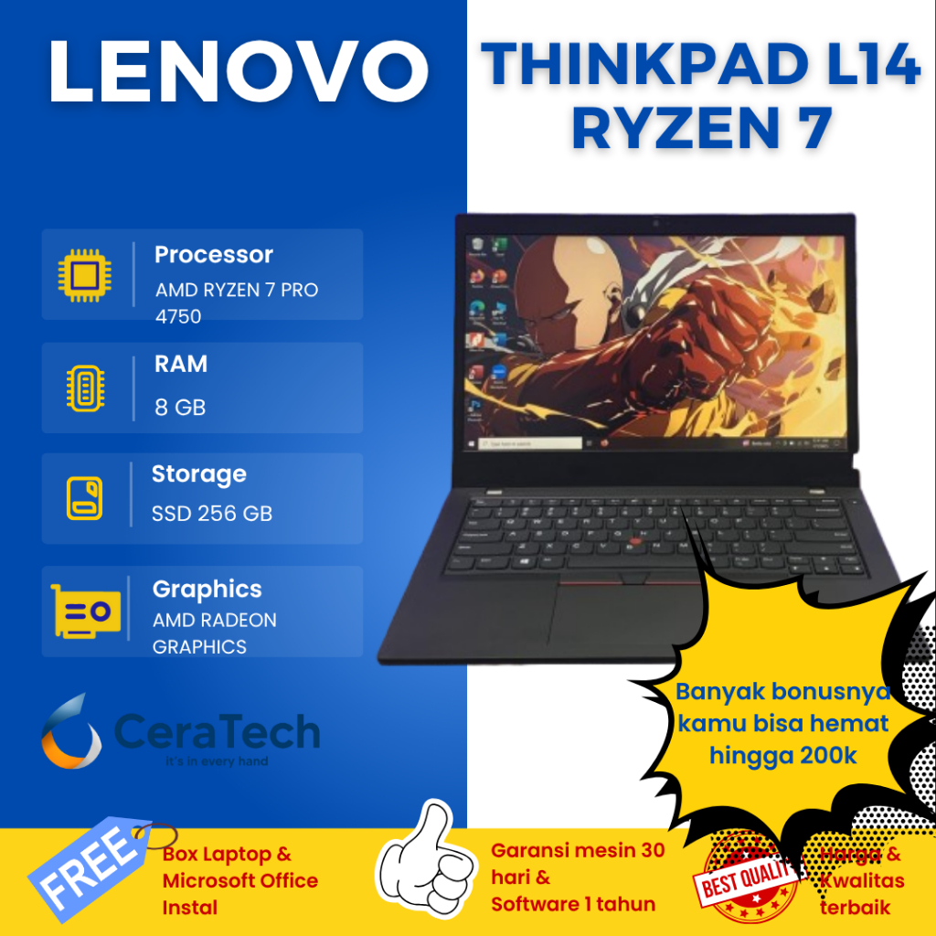 Laptop Lenovo Thinkpad L14 - Amd Ryzen 7 Ram 8GB Ssd 256GB