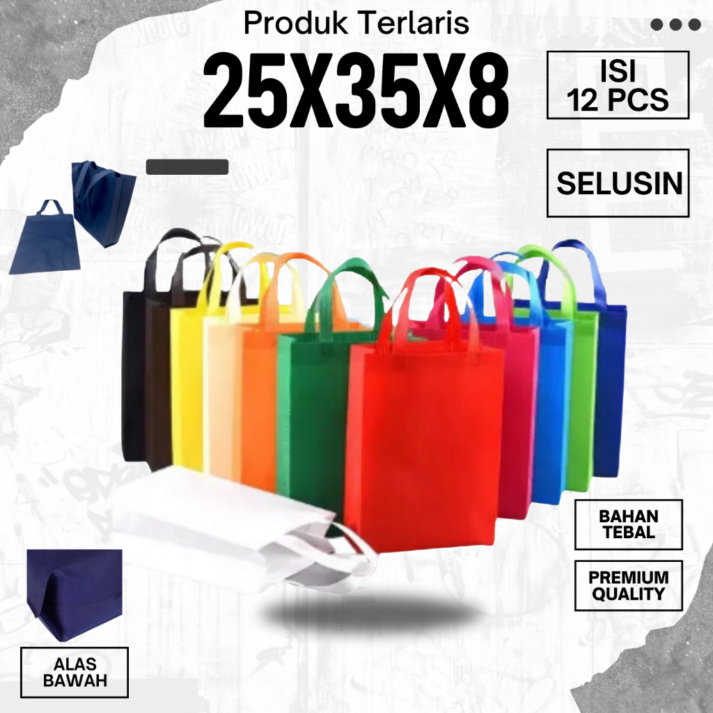

[ 12 PCS ] PAKET HEMAT 1 LUSIN 25x35x8 Tas Goodie Bag Tas Belanja Model Tali Handle Tas Spunbond