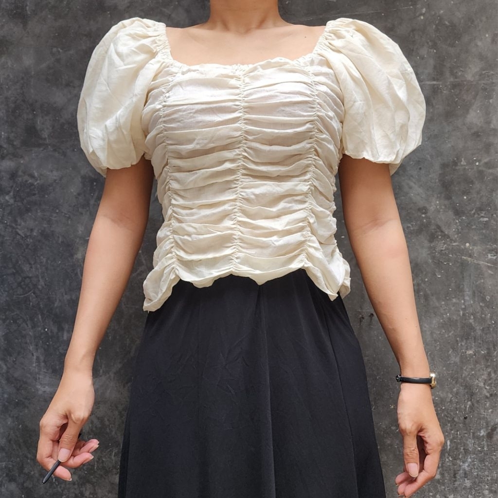 Preloved CR82 Blumin blouse blus atasan wanita krem kuning size kecil S lengan tangan pendek balon p