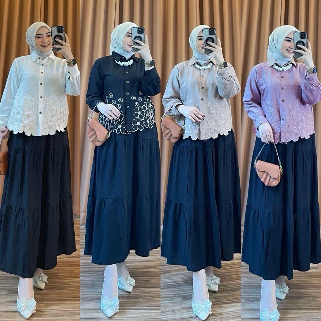 Oneset rok Laura-set rok laura polo linen premium-Oneset linen bordir terbaru