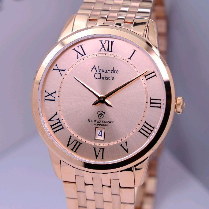 Alexandre Christie Pria Original Warna Rose Gold - Desain Slim - Kaca Sapphire - All Solid Stainless