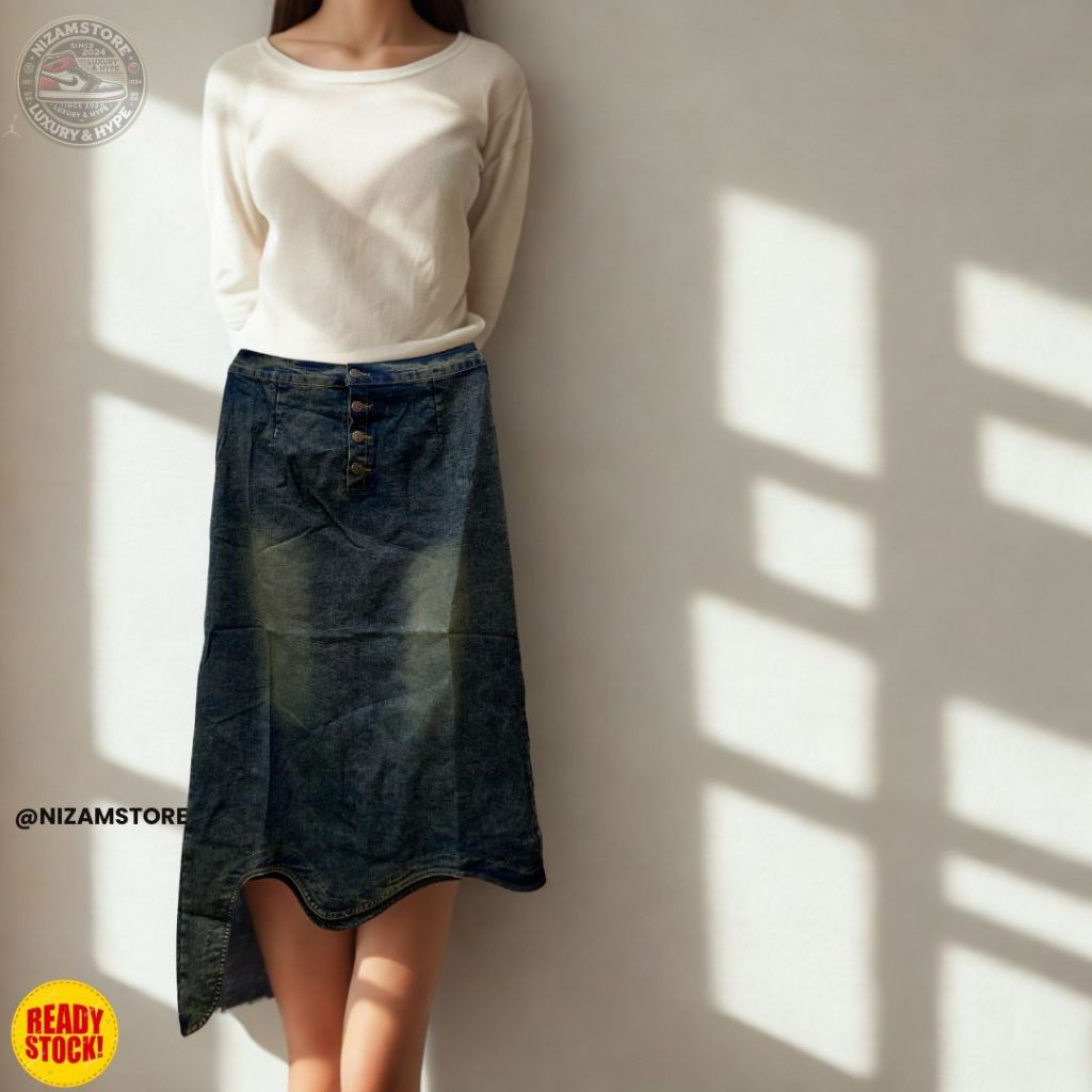 Rok Jeans Wanita Asimetris Washed Import Model A-Line Kancing Depan | Rok Denim Panjang Unik Stylish