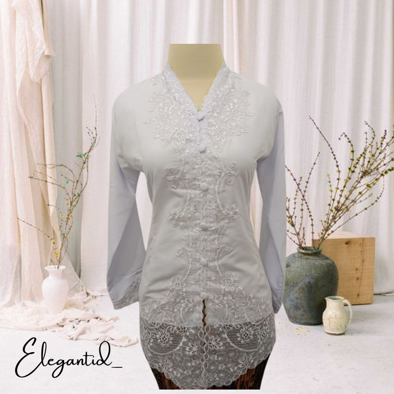 Kebaya Encim Modern Putih Senada Lengan Panjang