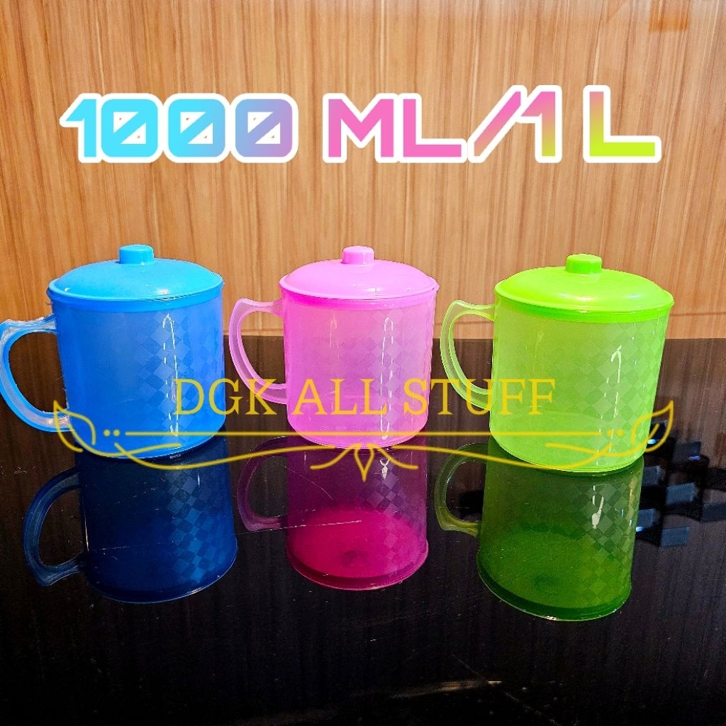 Mug Gelas Cangkir Gagang Tutup Bertutup Dengan Tutup Air Kopi Teh Plastik BIRU PINK HIJAU 1 Liter 1 