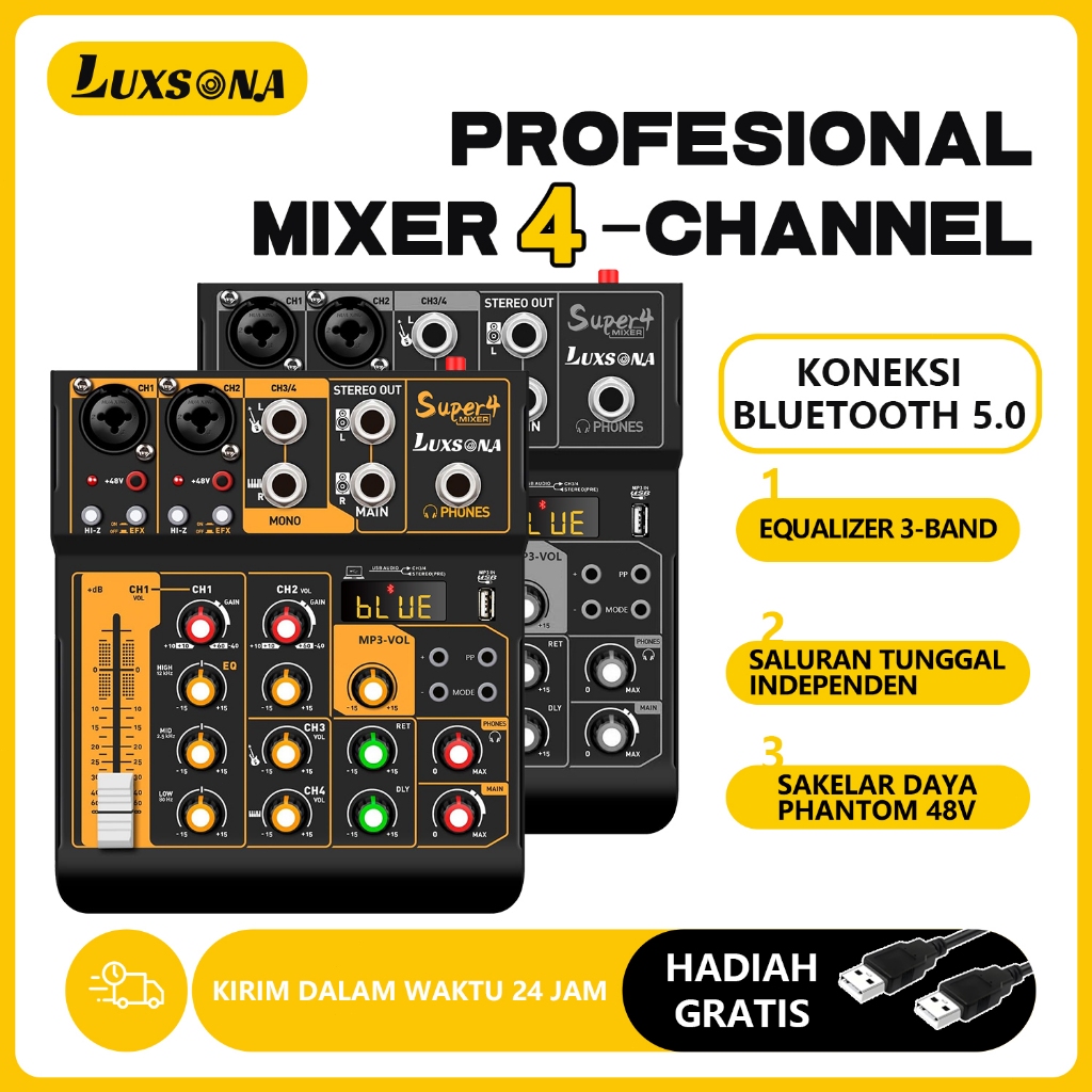 4 saluran mixer profesional/mixer audiomini/didukung USB/Bluetooth dayaphantom 48V mixer audio DJ