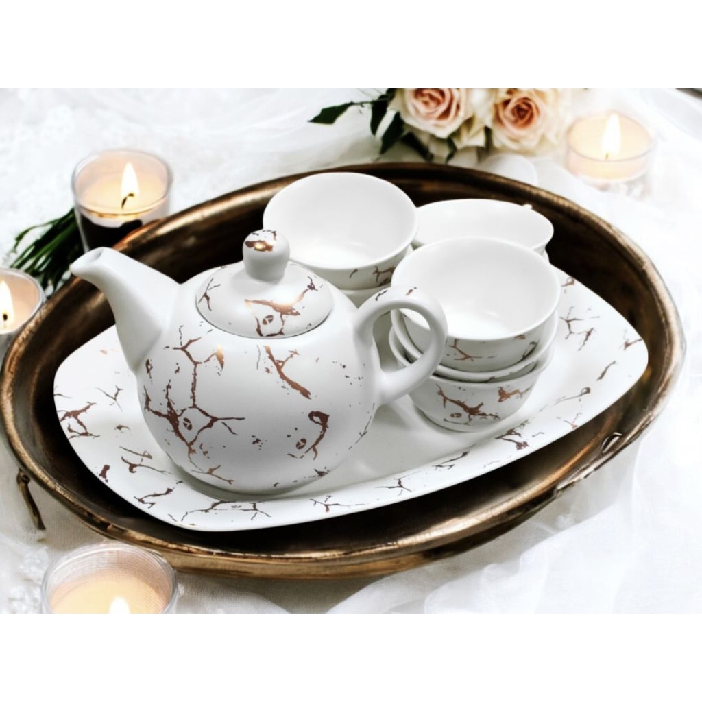 Tea Pot Vicenza, Wadah saji Pempek Set Vicenza Bm902 Motif Marmer PUTIH, set ekslusif mencakup 1 tek