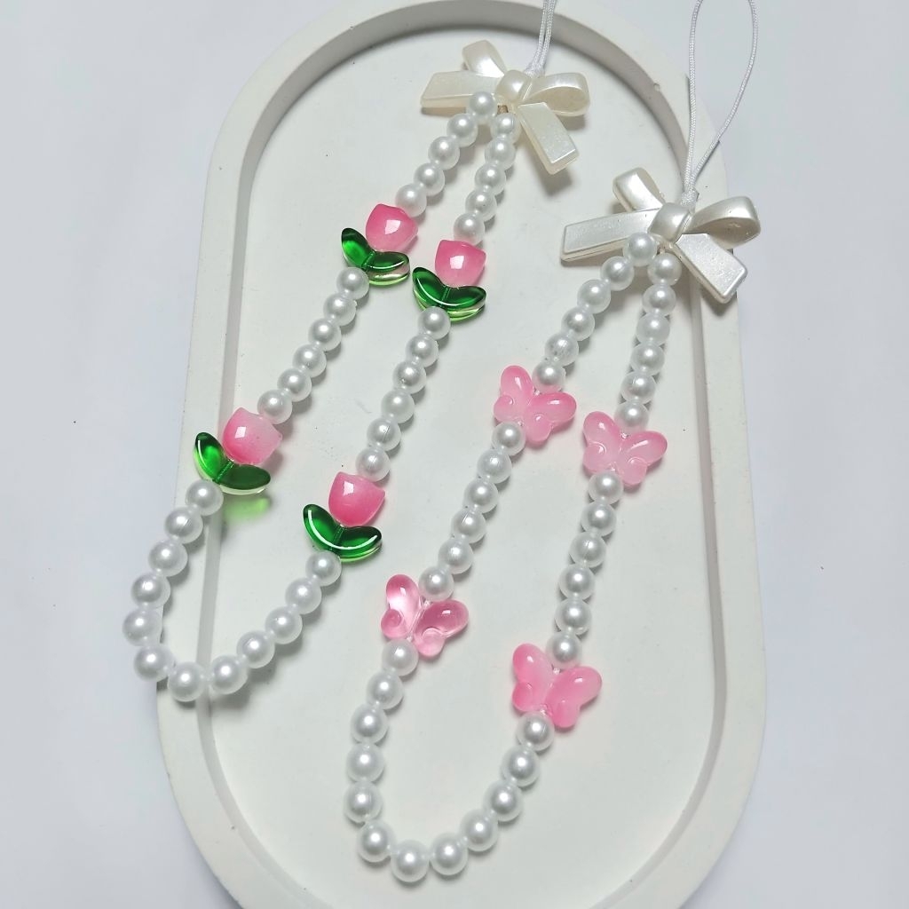 Tali HP Aesthetic Gantungan HP Manik Mutiara Pita Kupu-Kupu Tulip Strap Phone Bagcharm Keychain