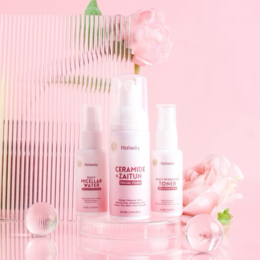 Halwey New Paket Perawatan Trial Kit Pemula Atasi Kulit Sensitif, Bruntusan & Kulit Kusam (Skincare 