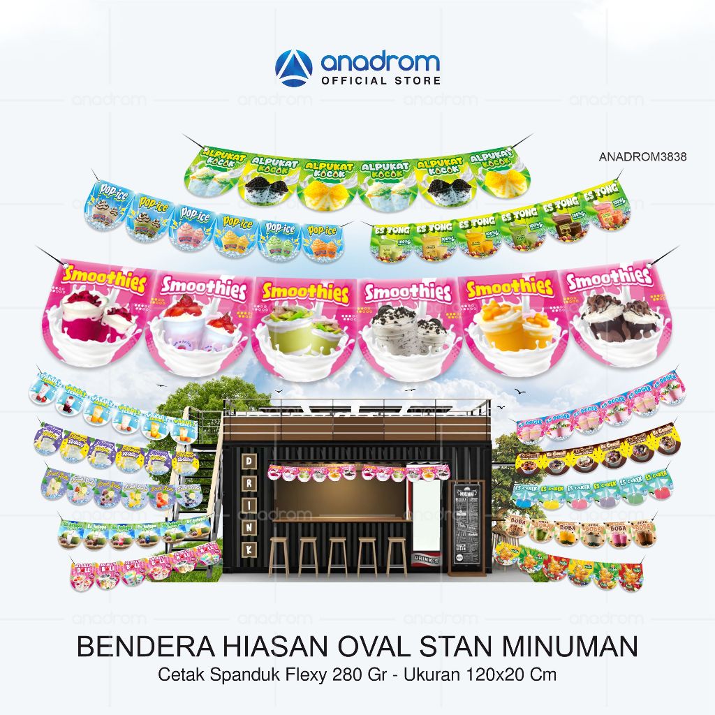 Spanduk Bendera Hiasan Oval Stan Minuman | Banner Flag Oval Minuman | Renda Hiasan Stan Minuman Alpu
