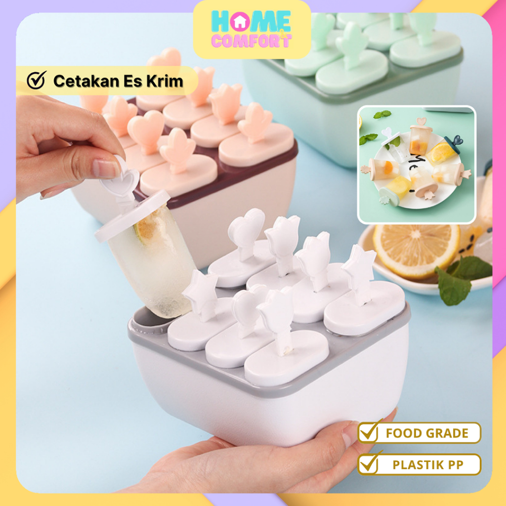 Home Comfort | Cetakan Es Krim Lucu 8 Slot | Cetakan Es Loli Anak | Stik Cantik & BPA Free