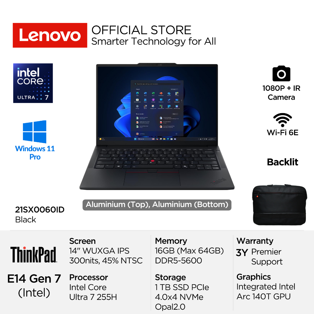 Lenovo ThinkPad E14 Gen 7 60ID Intel Core Ultra 7 255H Win11 Pro 16GB 1TB SSD Opal2.0 14" WUXGA IPS 